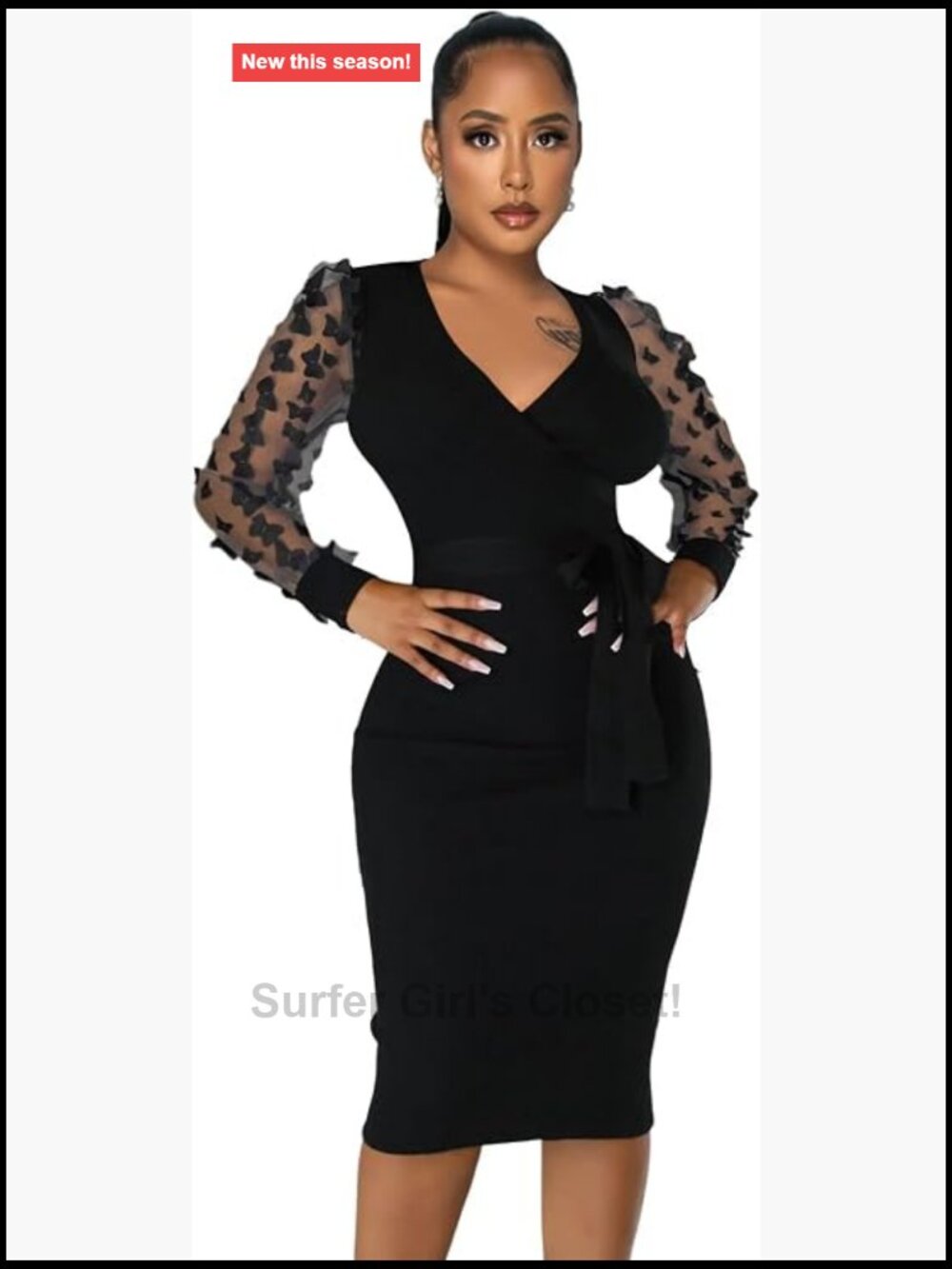 Semi Formal Midi Bodycon Dress Mesh Sleeve V Neck Wrap Belted Party